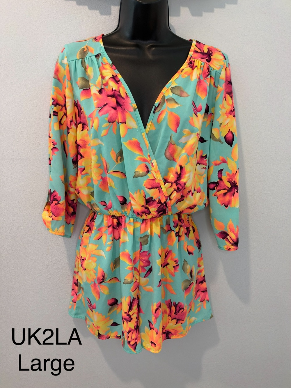 UK2LA Mint Green Floral Surplice Mini Dress Romper